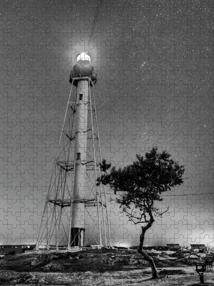 Marblehead Jigsaw Puzzle featuring the photograph Chandler Hovey Light Tower at night Marblehead MA Tree Black and White by Toby McGuire