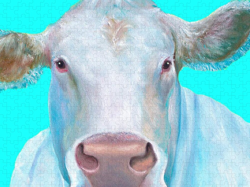 Charolais Jigsaw Puzzle featuring the painting Charolais Cow painting on blue background by Jan Matson