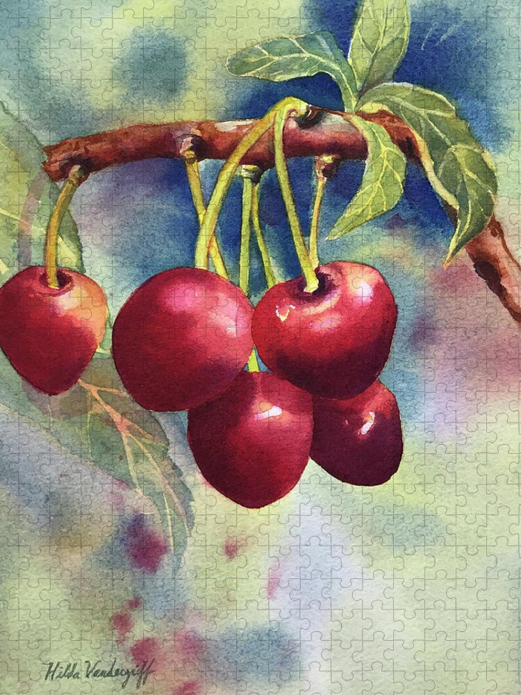Cherries Jigsaw Puzzle featuring the painting Cherries by Hilda Vandergriff