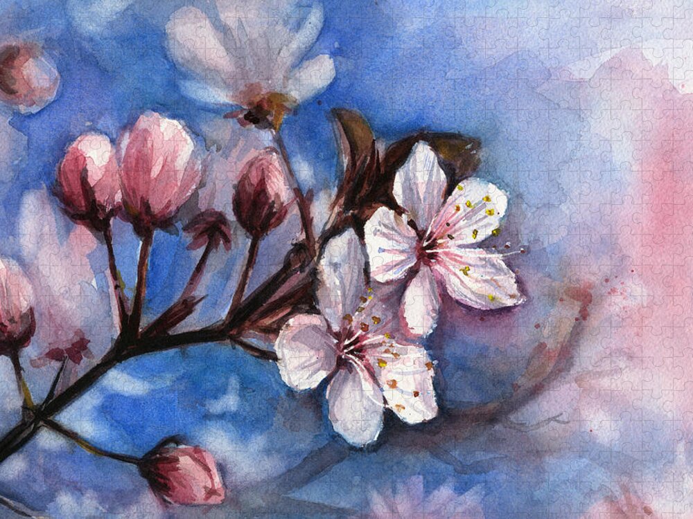 Spring Jigsaw Puzzle featuring the painting Cherry Blossoms by Olga Shvartsur