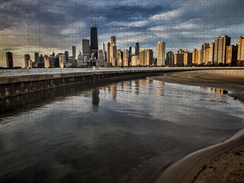 Chicago Jigsaw Puzzle featuring the photograph Chicago beach and Skyline with a person for scale by Sven Brogren