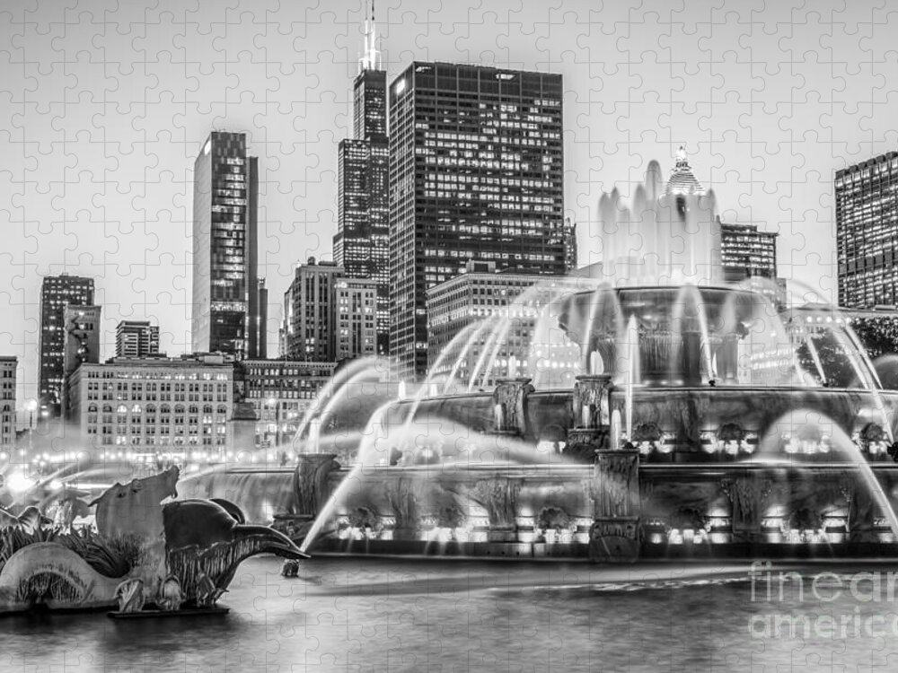 2012 Jigsaw Puzzle featuring the photograph Chicago Buckingham Fountain Black and White Photo by Paul Velgos