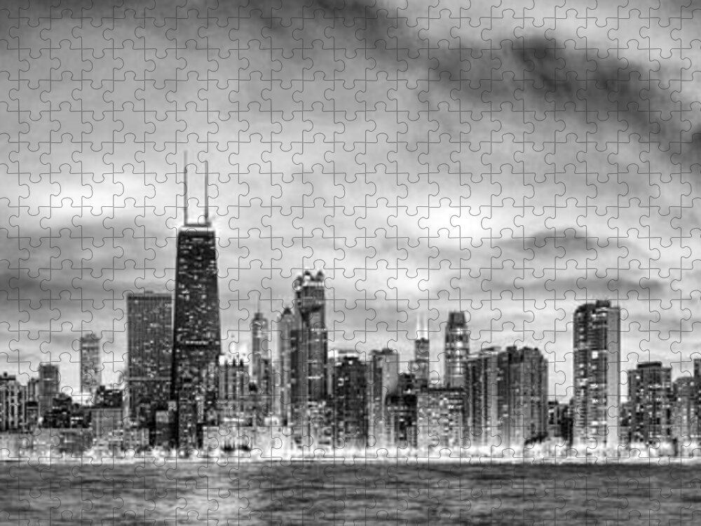 Chicago Jigsaw Puzzle featuring the painting Chicago Gotham City Skyline Black and White Panorama by Christopher Arndt