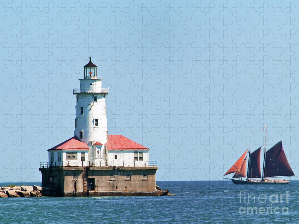 Boats Jigsaw Puzzle featuring the photograph Chicago Harbor Lighthouse and a Tall Ship by David Levin