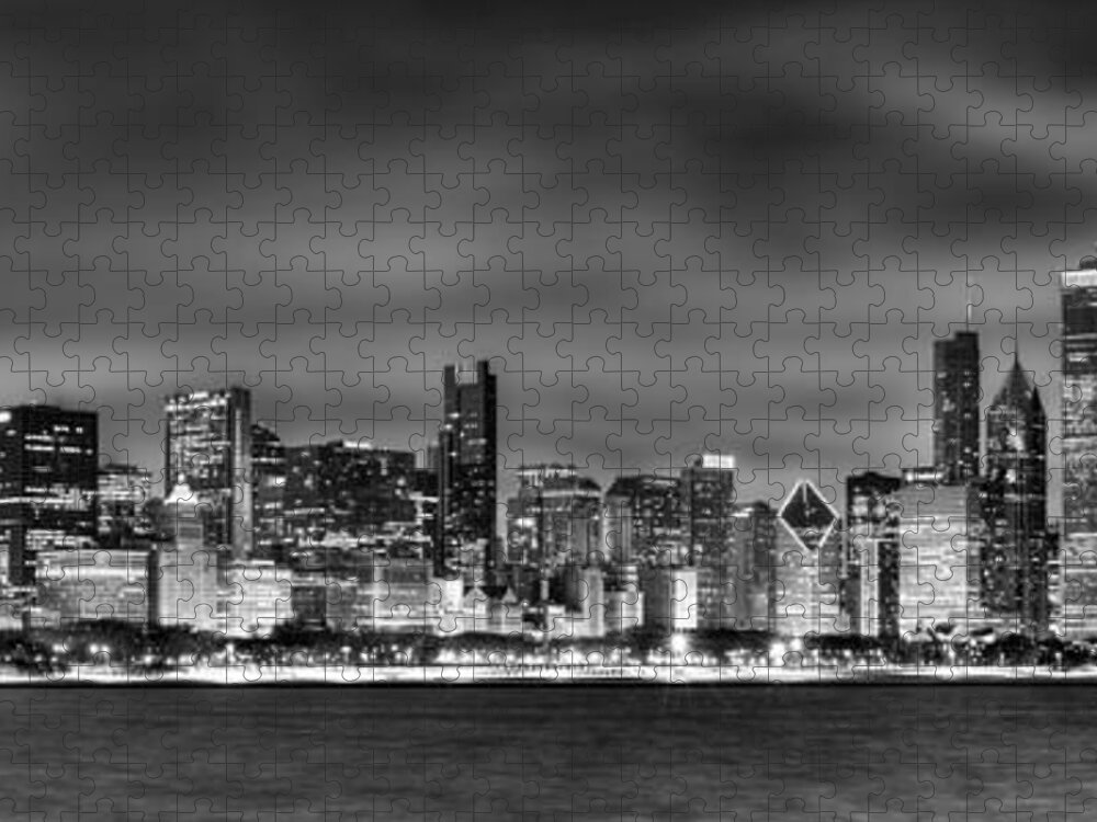 Chicago Skyline Jigsaw Puzzle featuring the photograph Chicago Skyline at NIGHT black and white by Jon Holiday