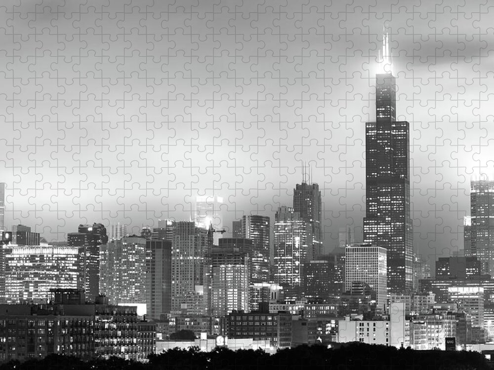 America Jigsaw Puzzle featuring the photograph Chicago Skyline Black and White - Illinois - USA by Gregory Ballos