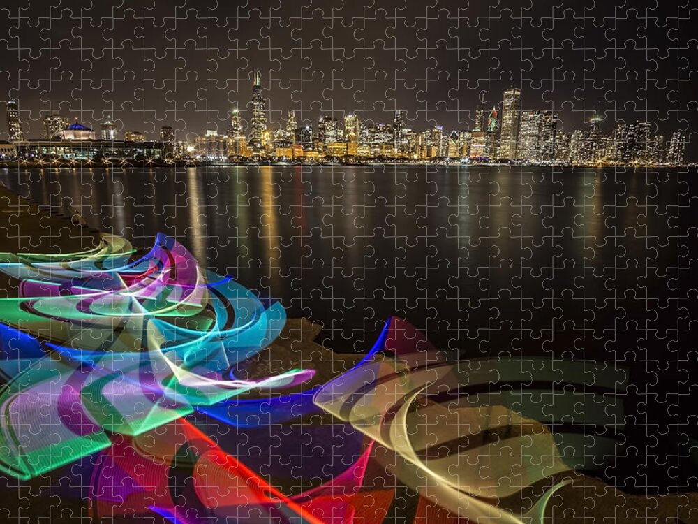 Chicago Jigsaw Puzzle featuring the photograph Chicago Skyline with pixel stick painting by Sven Brogren