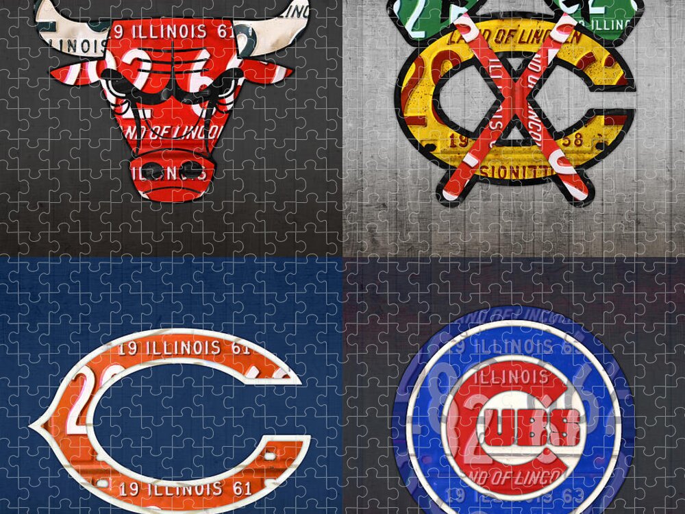 Chicago Jigsaw Puzzle featuring the mixed media Chicago Sports Fan Recycled Vintage Illinois License Plate Art Bulls Blackhawks Bears and Cubs by Design Turnpike