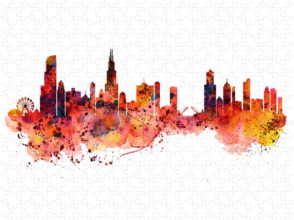 Chicago Jigsaw Puzzle featuring the painting Chicago watercolor skyline by Marian Voicu