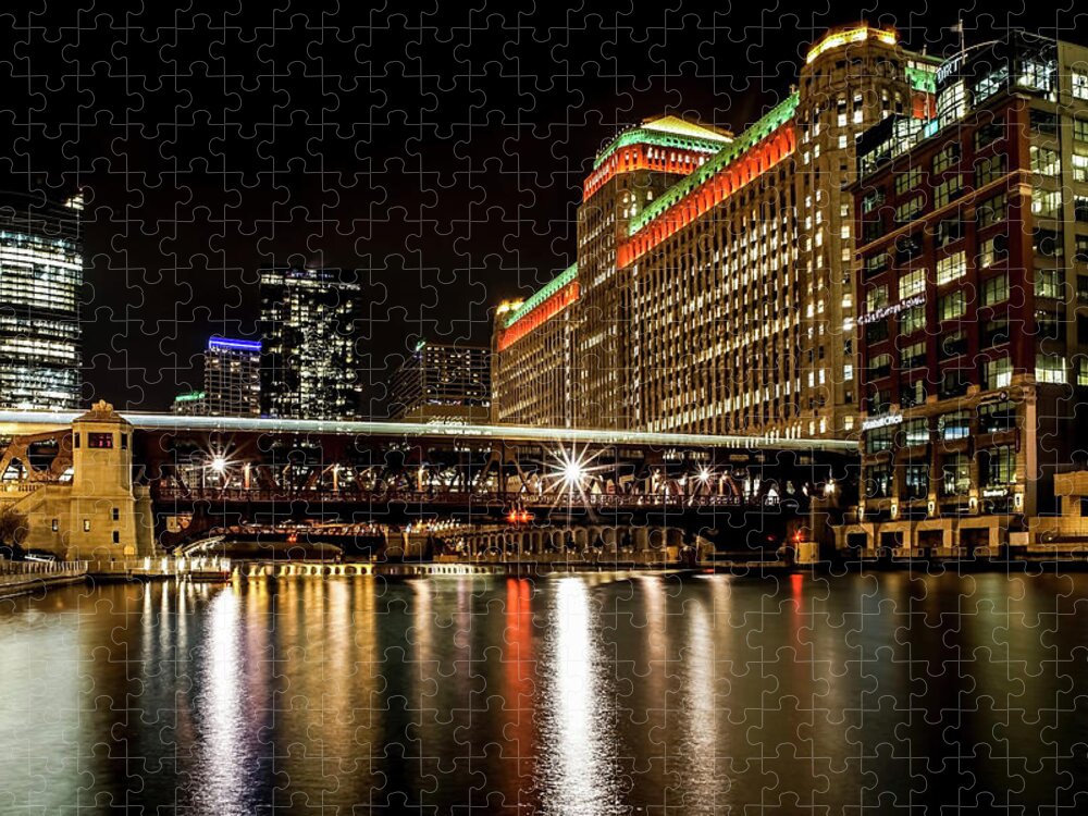 Chicago Jigsaw Puzzle featuring the photograph Chicago's Merchandise Mart at night by Sven Brogren