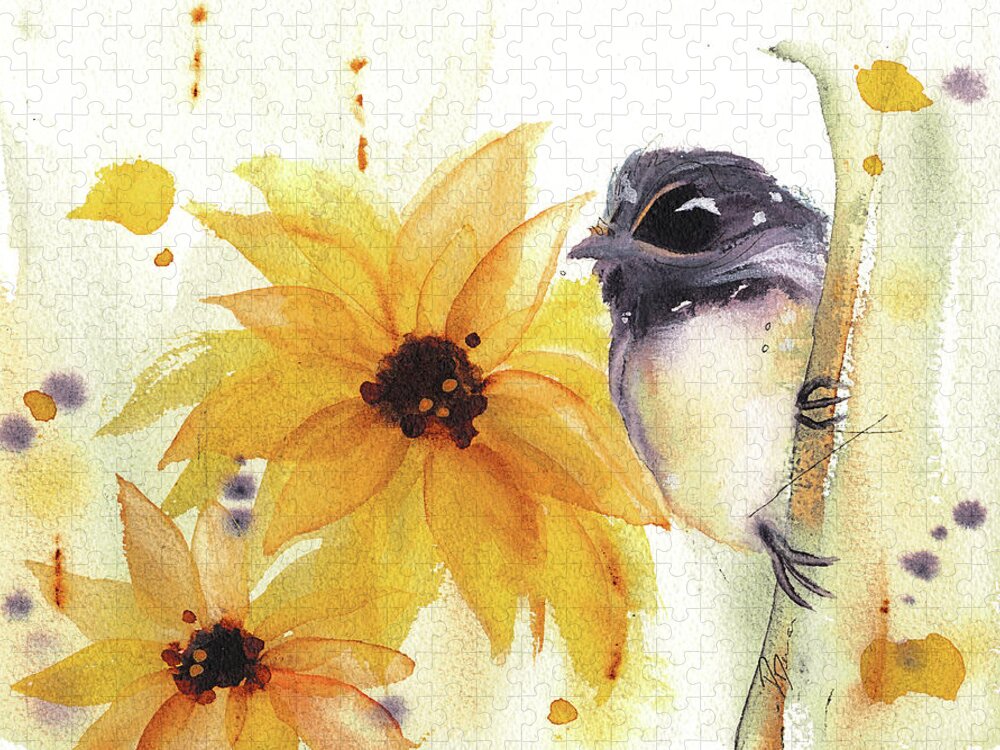 Watercolor Jigsaw Puzzle featuring the painting Chickadee and Sunflowers by Dawn Derman