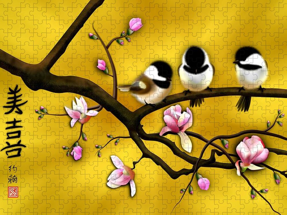 Asian Art Jigsaw Puzzle featuring the digital art Chickadee on blooming Magnolia branch by John Wills