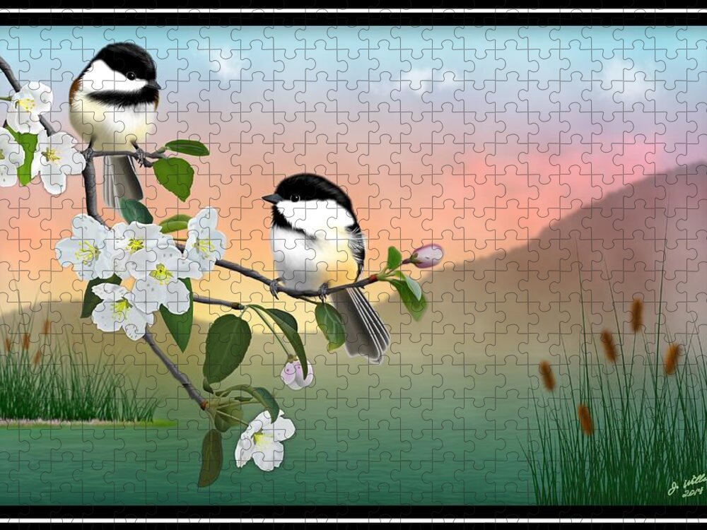 Chickadee Jigsaw Puzzle featuring the digital art Chickadees and Apple Blossoms by John Wills