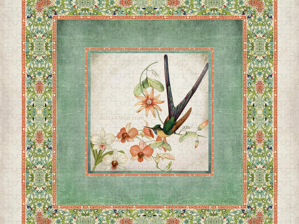 Chinese Ornamental Paper Jigsaw Puzzle featuring the digital art Chinoiserie Vintage Hummingbirds n Flowers 3 by Audrey Jeanne Roberts