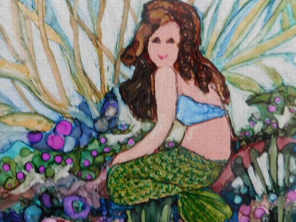 Tiny Mermaid Painted Just For Fun On 4 Square Tile Using Bright Colored Alcohol Ink. Jigsaw Puzzle featuring the painting Chloe by Joan Clear