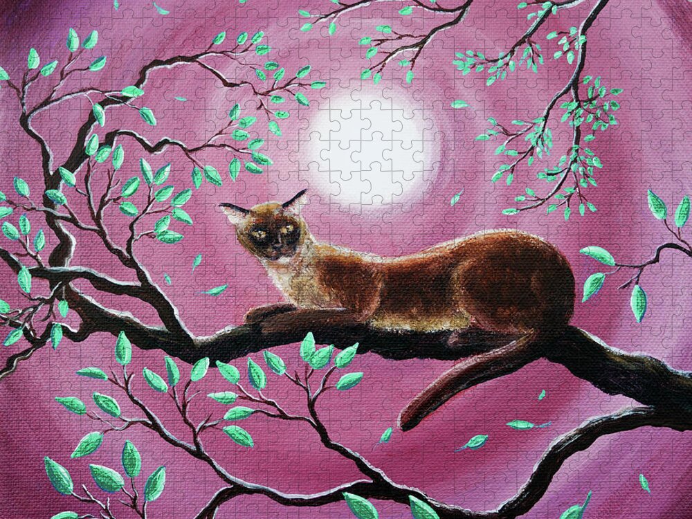 Burmese Jigsaw Puzzle featuring the painting Chocolate Burmese Cat in Dancing Leaves by Laura Iverson