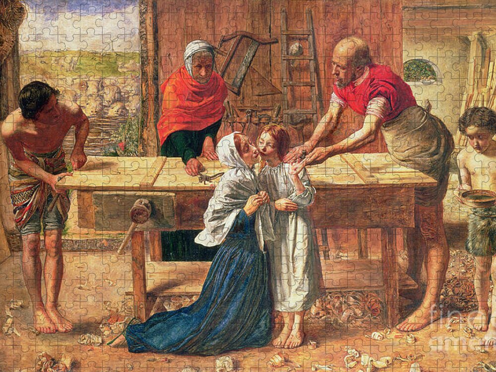 Christ In The House Of His Parents Jigsaw Puzzle featuring the painting Christ in the House of His Parents by JE Millais and Rebecca Solomon