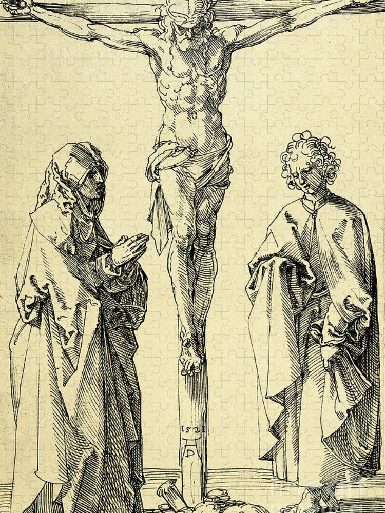 Christ Jigsaw Puzzle featuring the drawing Christ on the Cross with Mary and John the Baptist by Albrecht Durer