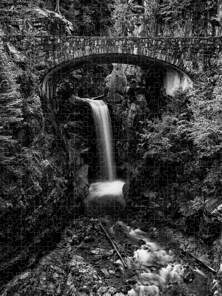 Christine Falls Jigsaw Puzzle featuring the photograph Christine Falls - Mount Rainer National Park - bw by Stephen Stookey