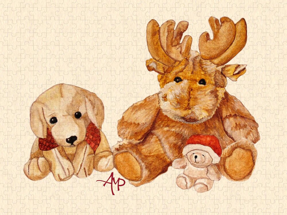 Cuddly Animals Jigsaw Puzzle featuring the painting Christmas Buddies II by Angeles M Pomata