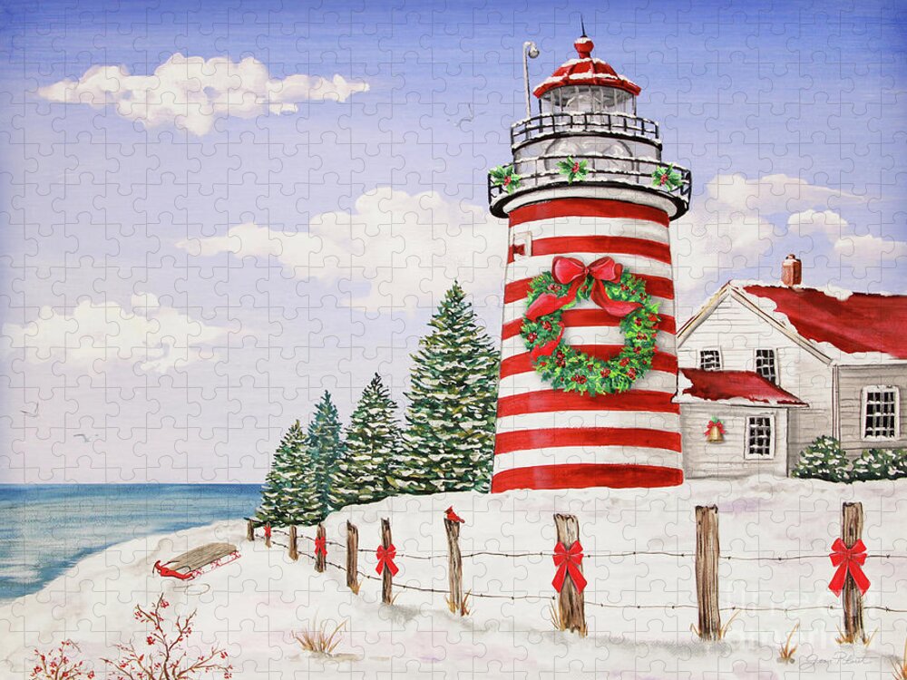 Lighthouse Jigsaw Puzzle featuring the painting Christmas Lighthouse-JP3897 by Jean Plout