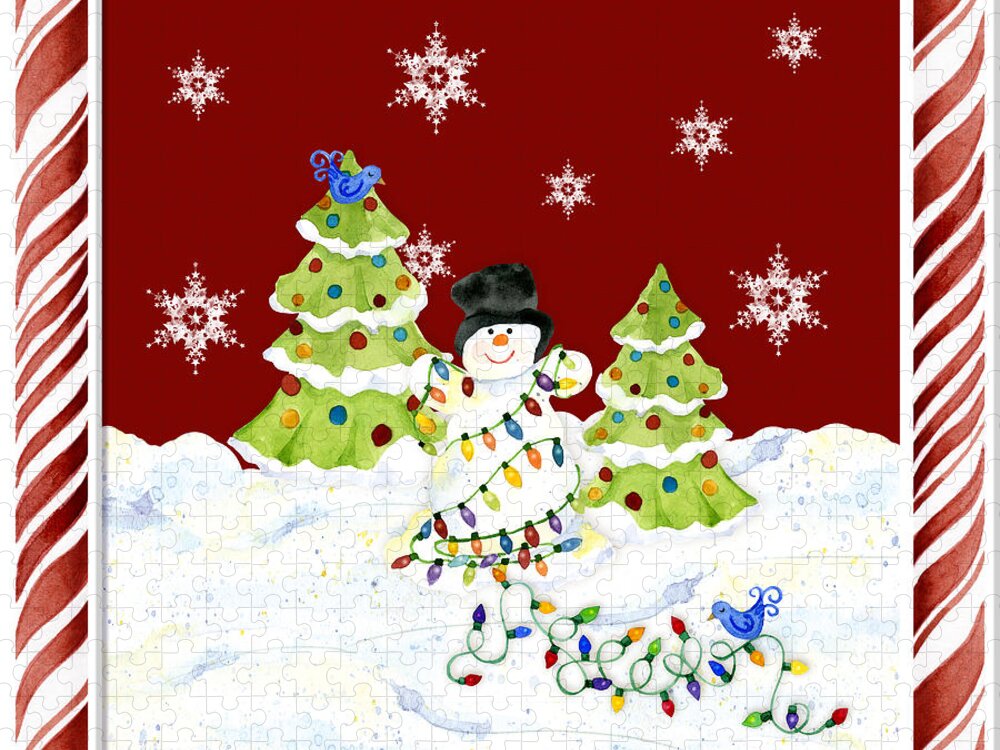 Whimsical Jigsaw Puzzle featuring the painting Christmas Snowman w Lights n Trees Snowflakes Candy Cane Stripes Whimsical by Audrey Jeanne Roberts