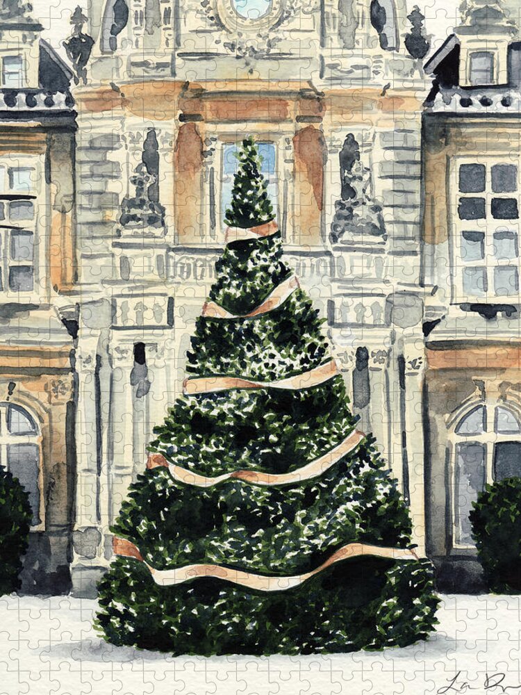 Christmas Tree Jigsaw Puzzle featuring the painting Christmas Tree at Versailles French Chateau Holiday by Laura Row