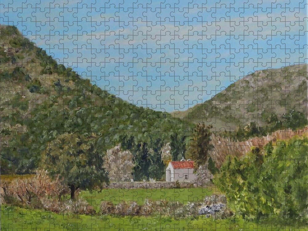 Landscape Jigsaw Puzzle featuring the painting Church at Gonias, Askyfou Plateau, Crete by David Capon