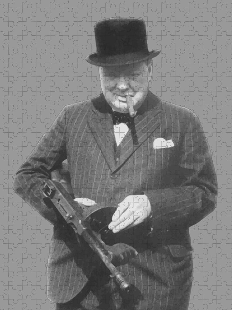 Winston Churchill Puzzle featuring the painting Churchill Posing With A Tommy Gun by War Is Hell Store
