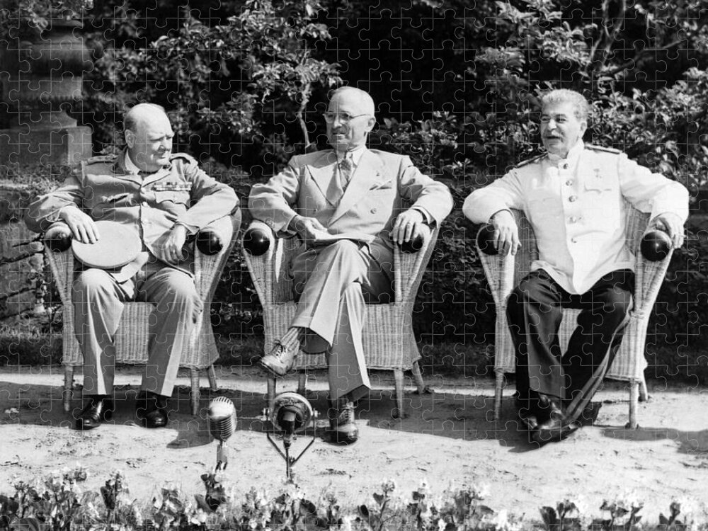 The Big Three Jigsaw Puzzle featuring the photograph Churchill, Truman, and Stalin - Potsdam Conference - 1945 by War Is Hell Store