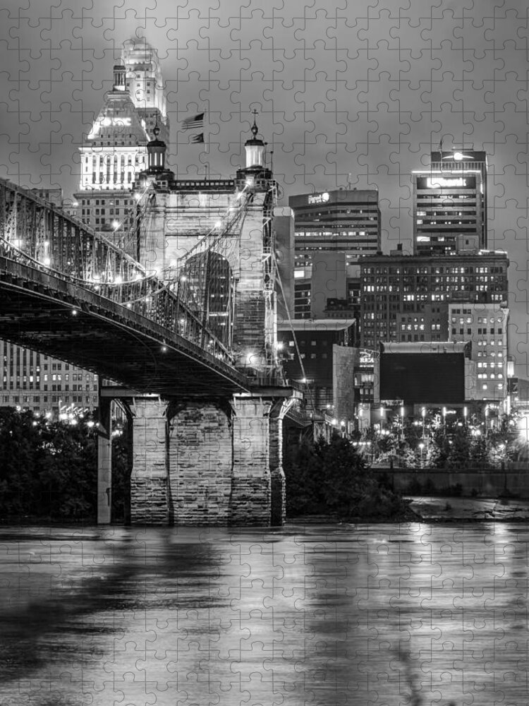 Cincinnati Jigsaw Puzzle featuring the photograph Cincinnati Ohio Skyline and Bridge - Black and White by Gregory Ballos