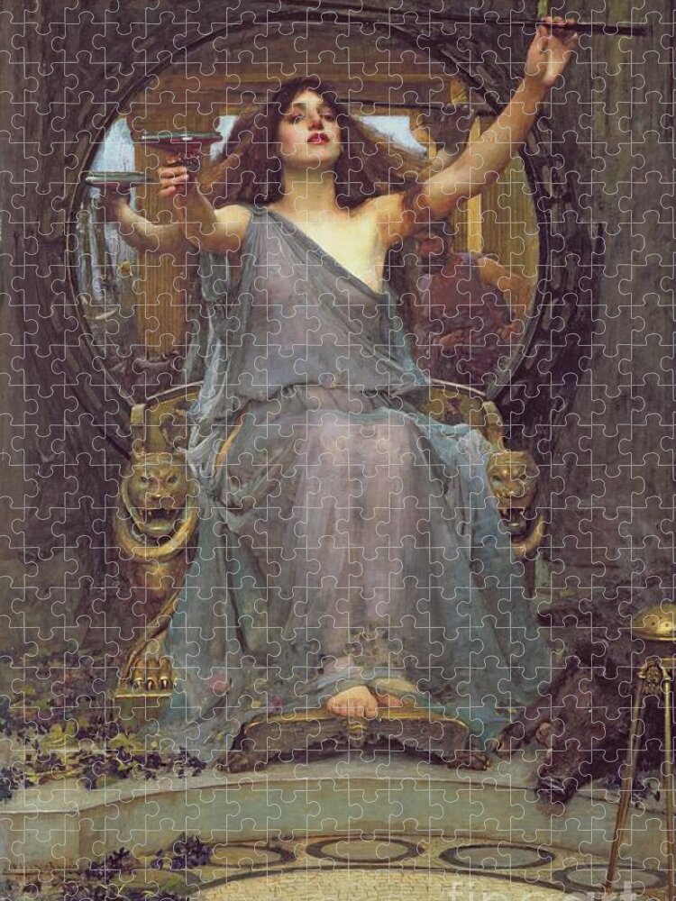 Circe Offering The Cup To Ulysses Jigsaw Puzzle featuring the painting Circe Offering the Cup to Ulysses by John Williams Waterhouse