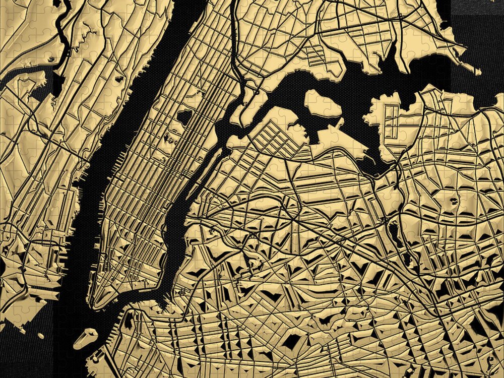 'nyc ' Collection By Serge Averbukh Jigsaw Puzzle featuring the digital art Cities of Gold - Golden City Map New York on Black by Serge Averbukh