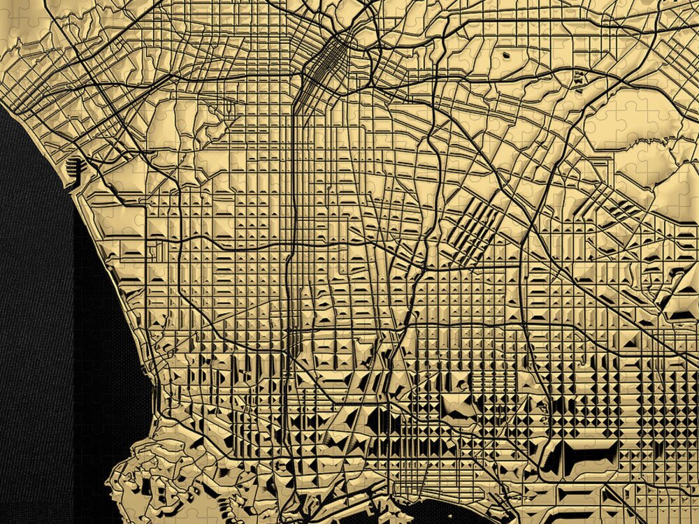 ‘cityscapes' Collection By Serge Averbukh Jigsaw Puzzle featuring the digital art Cities of Gold - Golden City Map of Los Angeles on Black by Serge Averbukh