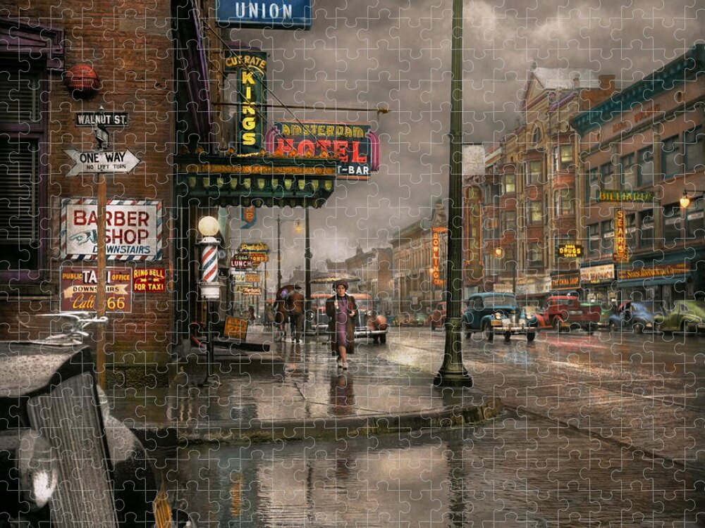 Colorized Jigsaw Puzzle featuring the photograph City - Amsterdam NY - Call 666 for Taxi 1941 by Mike Savad