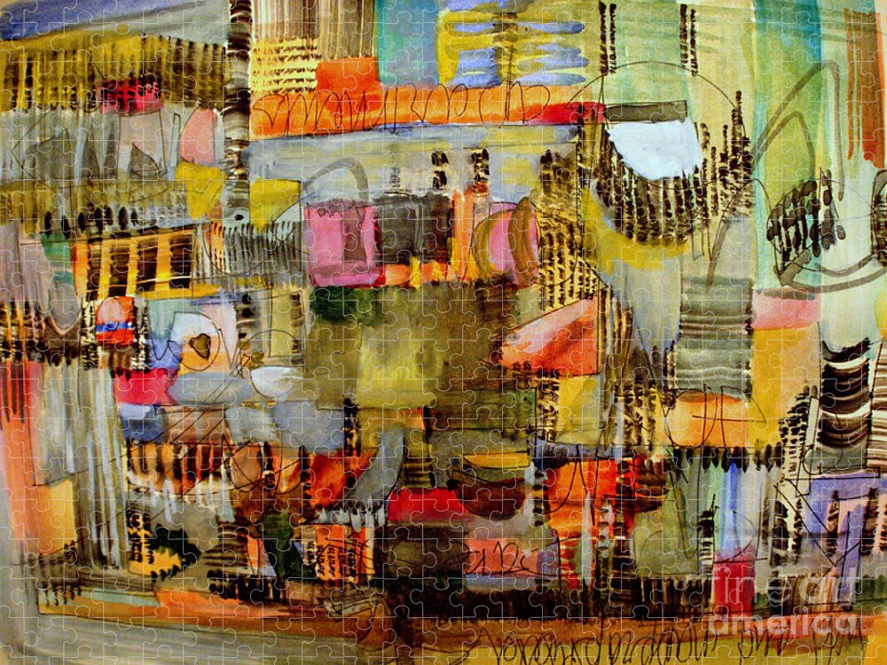 Abstract Cityscape Jigsaw Puzzle featuring the painting City Life by Nancy Kane Chapman
