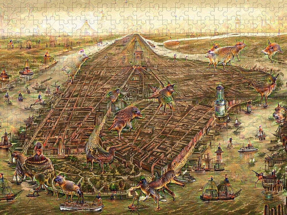 Map Jigsaw Puzzle featuring the digital art City map New York Manhattan 1870 Deep Dream by Matthias Hauser