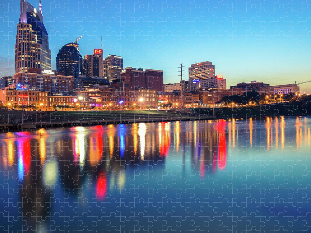 Nashville Skyline Jigsaw Puzzle featuring the photograph City Skyline of Nashville Tennessee - Square Art by Gregory Ballos