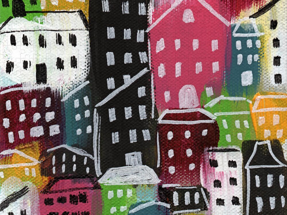 City Puzzle featuring the painting City Stories- Colorful by Linda Woods