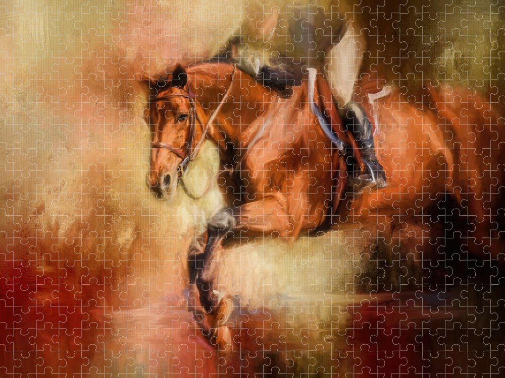 Jai Johnson Jigsaw Puzzle featuring the painting Clearing The Jump Equestrian Art by Jai Johnson