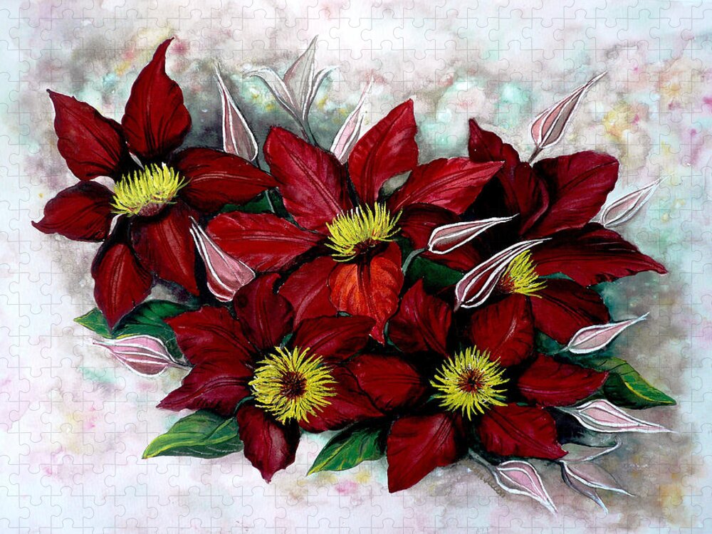 Flower Painting Floral Painting Red Painting Botanical Painting Clematis Painting Greeting Card Painting Flower Vine Painting Jigsaw Puzzle featuring the painting Clematis Niobe by Karin Dawn Kelshall- Best