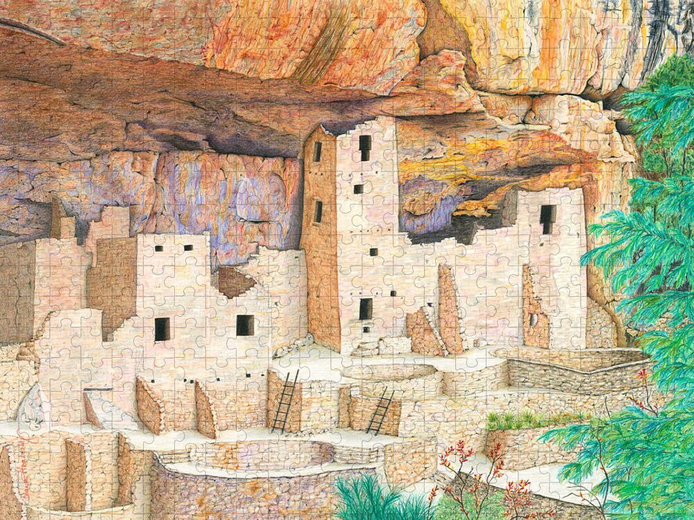 Colored Pencil Jigsaw Puzzle featuring the drawing Cliff Dwellings of Old by Diana Hrabosky