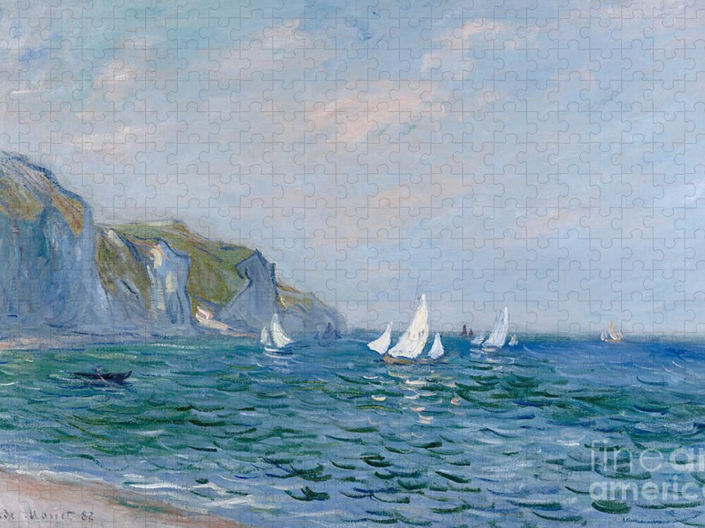 Cliffs And Sailboats At Pourville Jigsaw Puzzle featuring the painting Cliffs and Sailboats at Pourville by Claude Monet