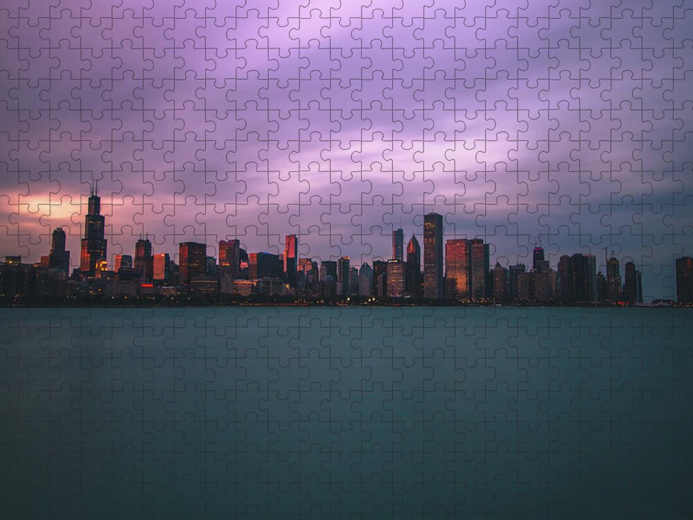 Chicago Jigsaw Puzzle featuring the photograph Cloudy sunset Chicago skyline by Jay Smith