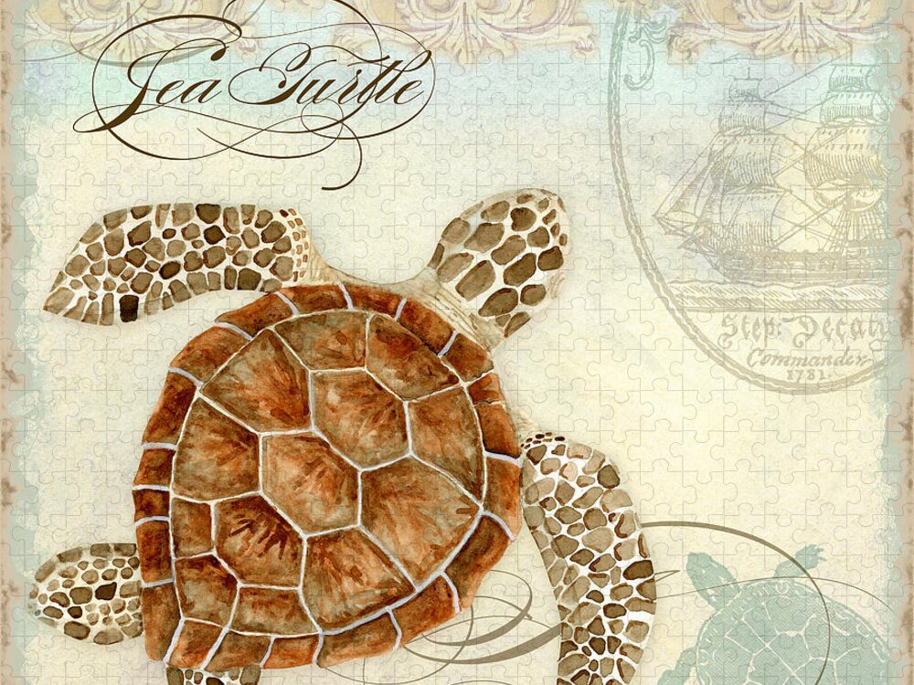 Watercolor Jigsaw Puzzle featuring the painting Coastal Waterways - Green Sea Turtle 2 by Audrey Jeanne Roberts