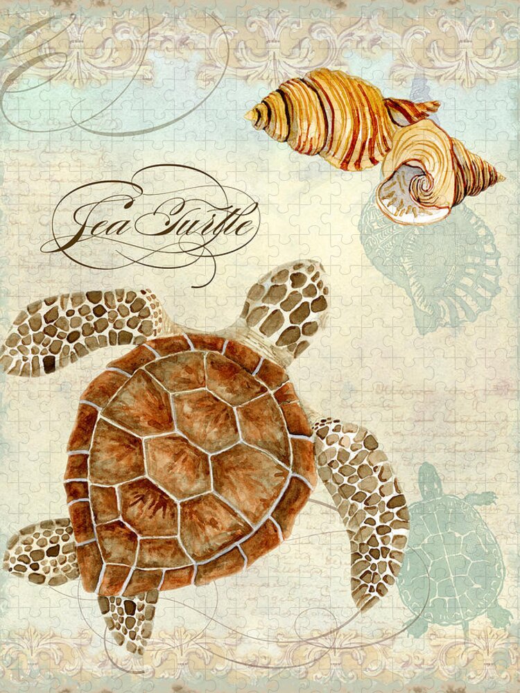 Watercolor Jigsaw Puzzle featuring the painting Coastal Waterways - Green Sea Turtle Rectangle 2 by Audrey Jeanne Roberts