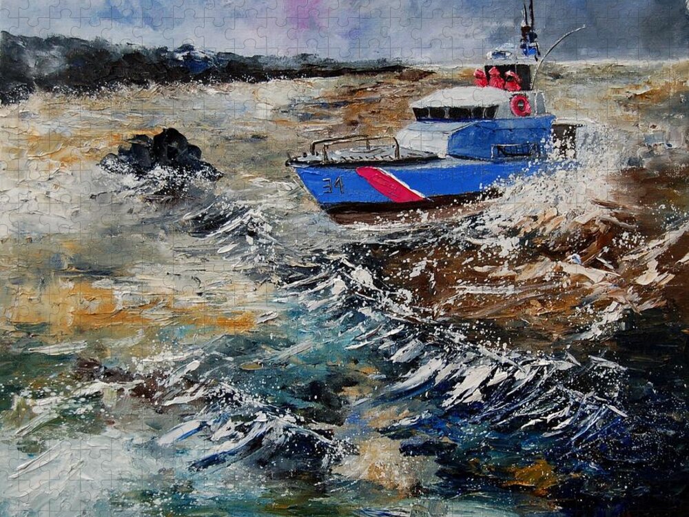 Sea Jigsaw Puzzle featuring the painting Coastguards by Pol Ledent