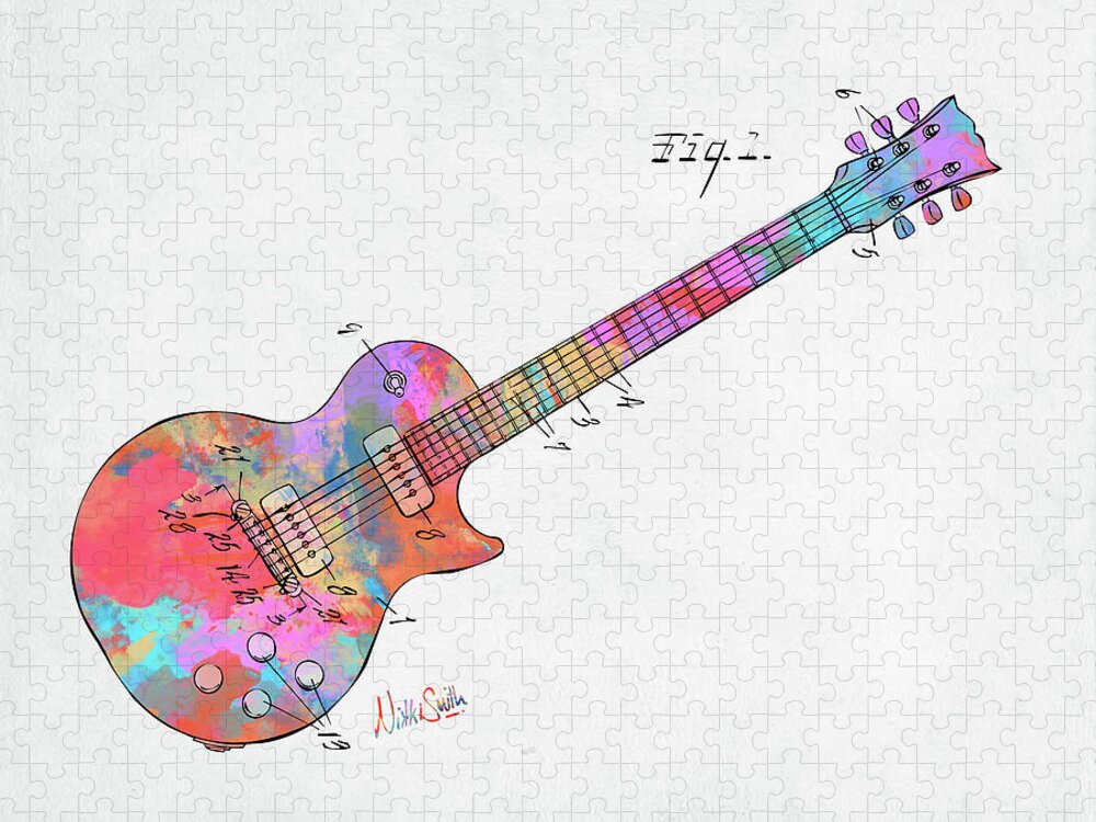 Guitar Jigsaw Puzzle featuring the digital art Colorful 1955 McCarty Gibson Les Paul Guitar Patent Artwork Mini by Nikki Marie Smith