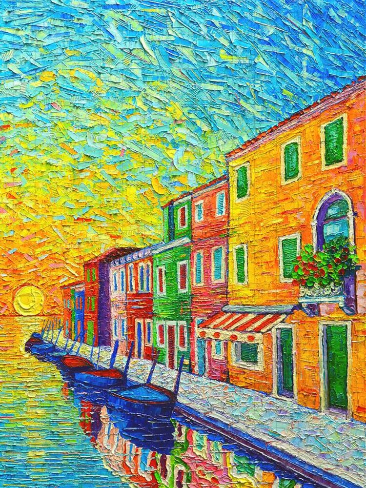 Venice Jigsaw Puzzle featuring the painting Colorful Burano Sunrise - Venice - Italy - Palette Knife Oil Painting By Ana Maria Edulescu by Ana Maria Edulescu
