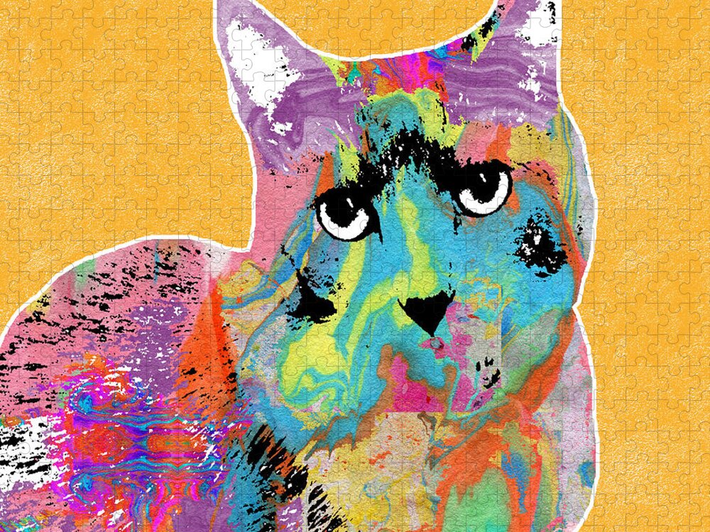 Cat Jigsaw Puzzle featuring the mixed media Colorful Cat With An Attitude- Art by Linda Woods by Linda Woods